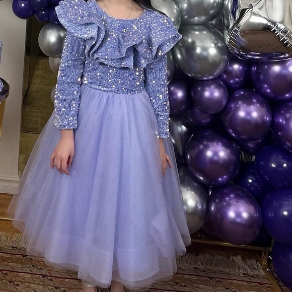 Puffy Glitter Girl Dress Tea Length Princess Flower Girl Dresses - Picture 10 of 10